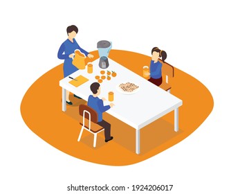 Family having breakfast isometric vector concept for banner, website, illustration, landing page, flyer, etc