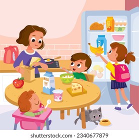 Family having breakfast in the kitchen. Mom with children. Healthy food. Eating healthy.