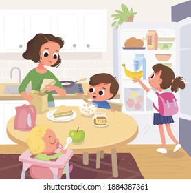 Family having breakfast in the kitchen. Mother feeding kids. Vector portrait of  family, members gather together at home in the kitchen in house interior. 