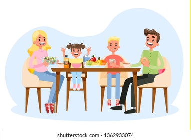 Family having breakfast at the kitchen table. Happy parents and children eat together. Father and mom, son and daughter on the lunch or dinner. Vector illustration in cartoon style