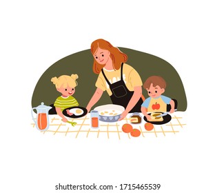 Family having breakfast. Mother feeding kids.