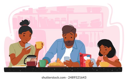 Family Having Breakfast Together At Cozy Kitchen Setting, While Each Member Is Engrossed In Their Mobile Phones. Vector Scene Captures The Modern Lifestyle And The Impact Of Technology On Family Time