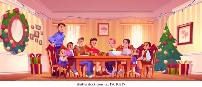 Família jantando Natal em casa. Ilustração em desenho animado vetorial de meninos e meninas sentados à mesa, pai servindo comida caseira, sala decorada com árvore e coroa de flores, caixas de presente