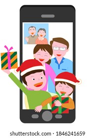 A family having a Christmas party online using a smartphone.