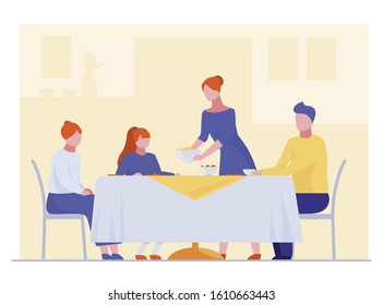 Family having dinner. Dining room, table, teenagers flat vector illustration. Celebration, home, event concept for banner, website design or landing web page