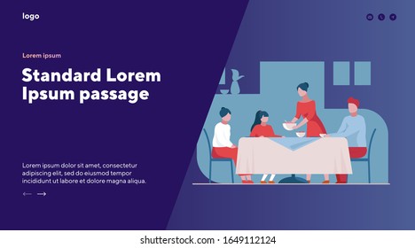 Family having dinner. Dining room, table, teenagers flat vector illustration. Celebration, home, event concept for banner, website design or landing web page