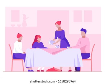 Family having dinner. Dining room, table, teenagers flat vector illustration. Celebration, home, event concept for banner, website design or landing web page