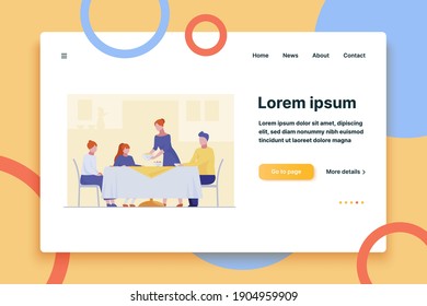 Family having dinner. Dining room, table, teenagers flat vector illustration. Celebration, home, event concept for banner, website design or landing web page