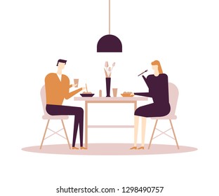 Family having dinner - flat design style colorful illustration on white background. A composition with characters, wife, husband eating at the table at home in the dining room. Everyday life concept