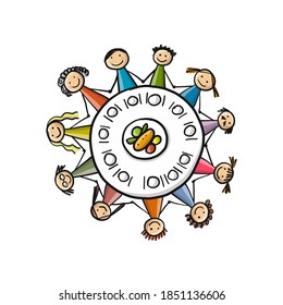 Family having dinner at round table. Vector illustration