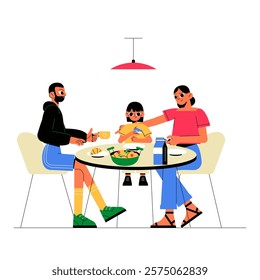 Family Having Dinner At Table With Salad And Drinks In Flat Vector Illustration Symbolizing Togetherness And Mealtime, Isolated On White Background