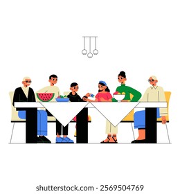 Family Having Dinner Together In Flat Vector Illustration Symbolizing Bonding, Togetherness, And Mealtime, Isolated On White Background.