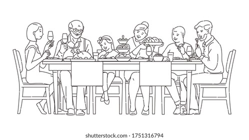 Family Having Dinner Together, Vector Illustration In Thin Black Line Style Isolated On White Background. Line Sketch Of Family Members Cartoon Character At Table.