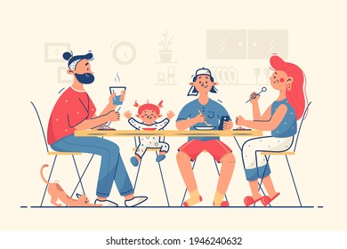 Family Having Dinner Together Vector Illustration. Mom, Dad, Teen Son And Daughter Eating Meal Flat Style. Cat Pet On Floor. Family Time And Weekend Concept. Isolated On Beige Background