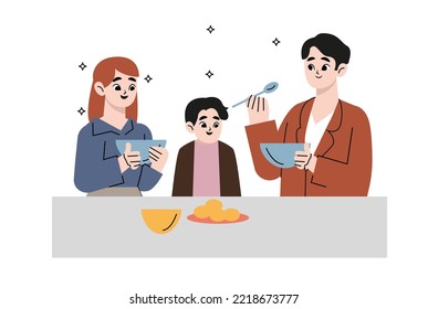 Family Having Dinner Together Vector Illustration. Mom, Dad, Teen Son Eating Meal Flat Style. Family Time And Weekend Concept. Isolated On White Background