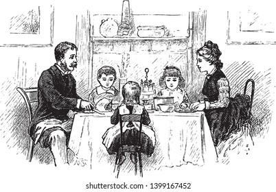 A family having dinner, vintage line drawing or engraving illustration