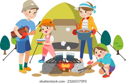 La familia se divierte cocinando en el camping