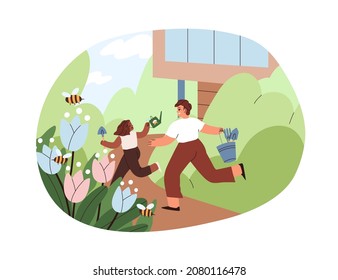 Family having fun in garden on summer holidays. Happy father and kid outdoors in village. Country lifestyle. Parent and child in backyard. Flat vector illustration isolated on white background