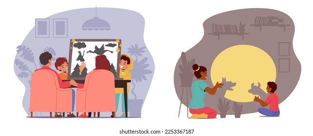 Family Having Fun with Home Shadow Theater Showing Fairy Tale Legends on Screen under Flashlight Beam. Parents and Children Character Sparetime and Leisure. Cartoon People Vector Illustration