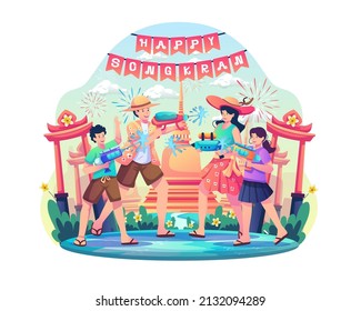 Family having fun playing water gun to celebrate Thailand Traditional New Year's Day. Happy Songkran Festival Day. Flat style vector illustration