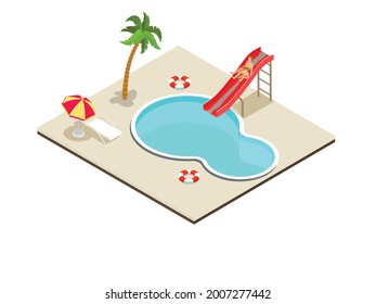 Family having fun at pool isometric 3d vector concept for banner, website, illustration, landing page, flyer, etc.