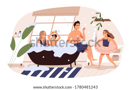 Family having fun taking bath together vector flat illustration. Mother, father and children blowing soap bubble, floating in foam, wearing lifebuoy isolated. Parents and kids spending time at home