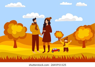 A family is having fun in a vibrant autumn setting surrounded by orange and yellow trees. The couple holds hands as their child plays nearby. The day feels festive with Halloween spirit