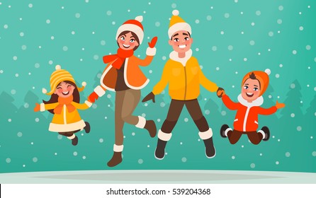 Family are having fun in winter holidays. Mom, dad, son and daughter are jumping on the background of the forest. Vector illustration in cartoon style