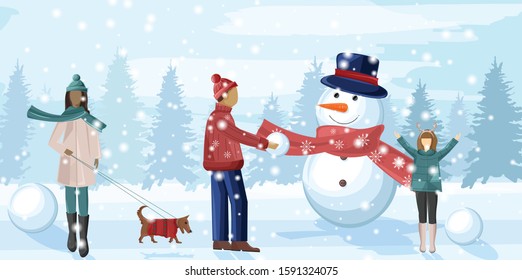 Family having fun in winter season. Snowman, walking the dog, playing with snowballs. Forest on background