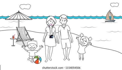 Family having great fun in a vacation trip on a beach waling playing kids girl boy ball chair sea cloud umbrella juice boats camera