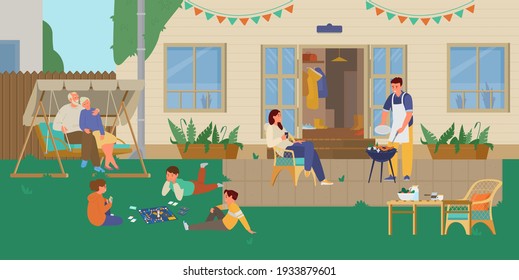 Family Having Grill Party In The Backyard. Children Playing Board Game, Parents Cooking, Grandparents Resting In Garden Swing. Patio Background. Flat Vector Illustration.