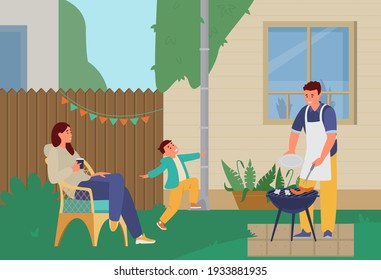 Family Having Grill Party In The Backyard. Flat Vector Illustration.