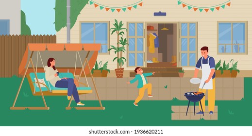 Family Having Grill Party In The Backyard. Patio Background. Flat Vector Illustration.