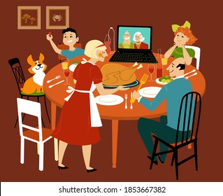 Family Having A Holiday Turkey Dinner With Grandparents Participating Via Video Chat On The Computer, EPS 8 Vector Illustration