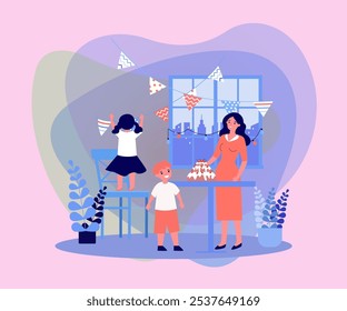 Family having home party vector illustration. Happy mother and children decorating house, celebrating birthday, cooking cake. Family reunion, tradition, holiday concept