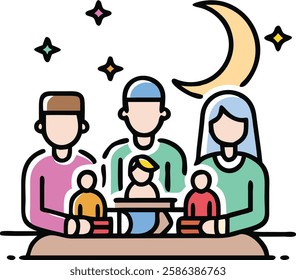 Family having iftar together under crescent moon, symbolizing Ramadan unity and gratitude.