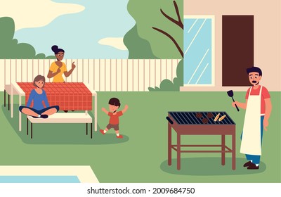 family having lunch in the backyard cartoon