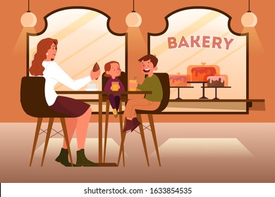 Family having lunch in bakery. Mother and children spend time together. Bakery building interior. Shop counter with showcase full of baked goods. Vector illustration in cartoon style