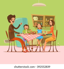 Family having meal in the kitchen with fridge and table retro cartoon vector illustration