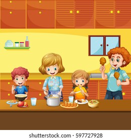 Family having meal in kitchen illustration