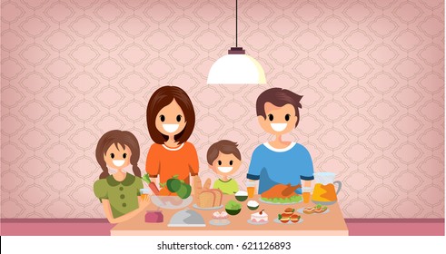 family having meal together, cartoon style.vector illustration