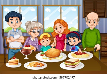 Family having meal together in dining room illustration