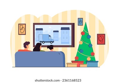 Family having movie night together vector illustration. Mother, father and child gathering in front of TV screen in living room, gift boxes under Christmas tree. Family reunion, holiday concept