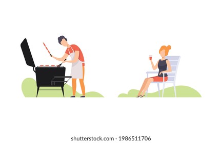 Family Having Picnic in Backyard or Park, Young Man Cooking Barbecue, woman Drinking Wine Flat Vector Illustration