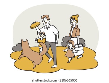 Une famille tenant un pique-nique avec un chien dans le parc, illustration dessinée à la main chaleureuse, image vectorielle sur fond blanc