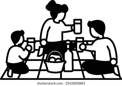 A family is having a picnic on a blanket. A woman is pouring drinks for the family. There are three people in the scene, two of them are sitting on the blanket and one is standing