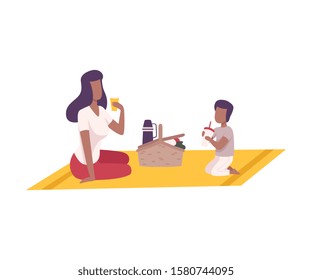 Family Having Picnic in the Park, Mother and Son Characters Eating and Relaxing on Nature Flat Vector Illustration