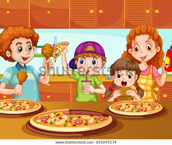 家庭でピザを食べるキッチンイラスト のベクター画像素材 ロイヤリティフリー