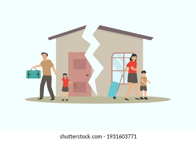La familia tiene problemas y camina por separado con antecedentes de casa rotos. Concepto de vector de conflicto familiar