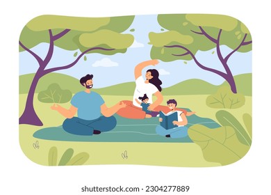 Family having quality time in nature vector illustration. Happy parents doing yoga together while children reading book in park or forest. Sustainable lifestyle, well being, family reunion concept